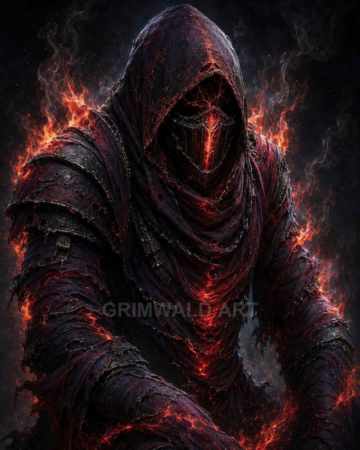 Hooded demonic warlock in charred robes with glowing lava-like fissures and embered flames, masked face, chains, and smoke against a dark background.