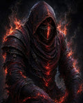 GRID THUMBNAIL — Hooded demonic warlock in charred robes with glowing lava-like fissures and embered flames, masked face, chains, and smoke against a dark background.