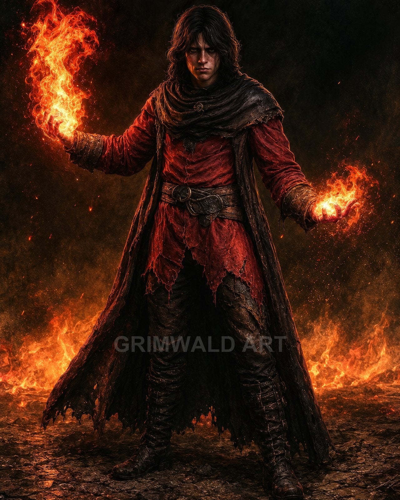 A dark-haired mage in a tattered red cloak conjures blazing fire in both hands, standing amid scorched ground and rising flames.