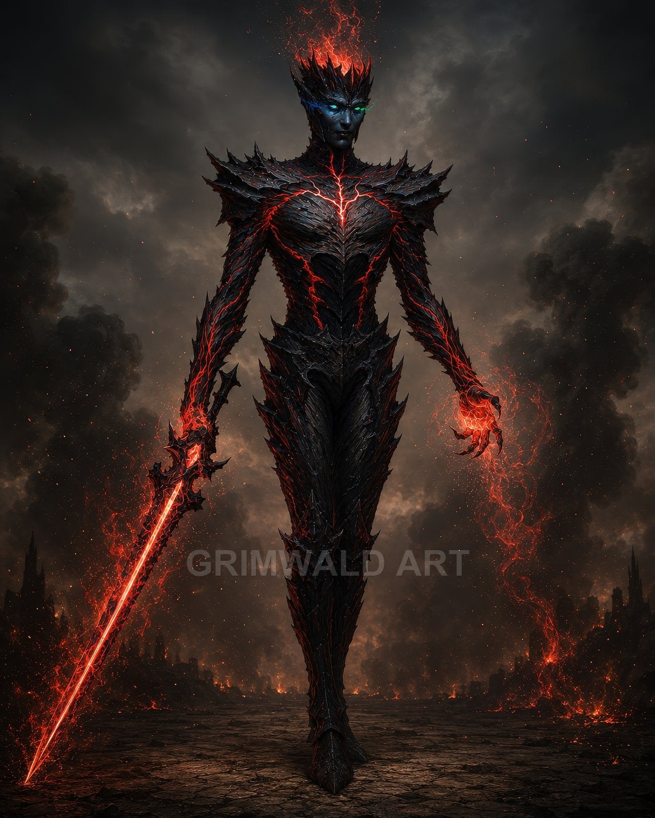 Towering demonic warrior of obsidian armour with lava veins stands in a burning ruin, crowned with flame and wielding a glowing red sword.