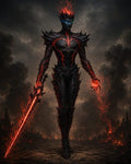 GRID THUMBNAIL — Towering demonic warrior of obsidian armour with lava veins stands in a burning ruin, crowned with flame and wielding a glowing red sword.