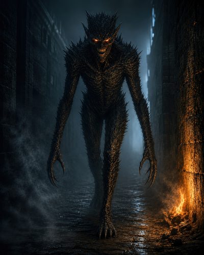GRID THUMBNAIL — A towering, spiked demon with glowing orange eyes and long claws advances through a misty cobblestone alley at night, lit by a wall torch.