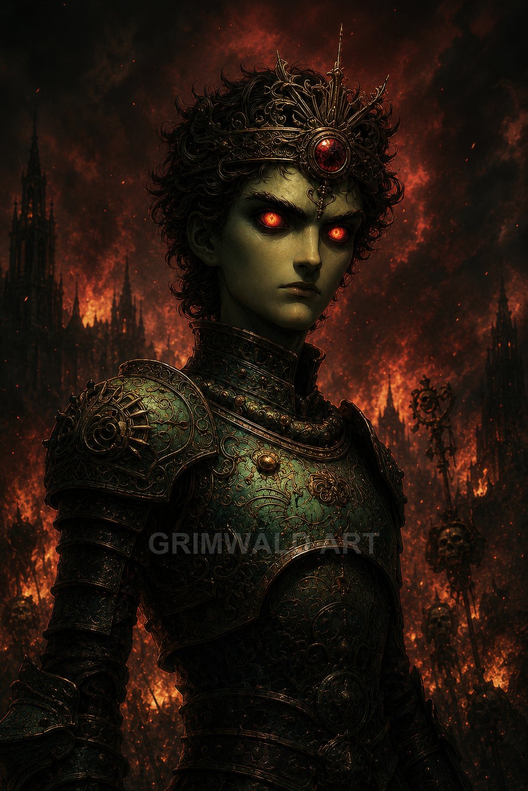 Crowned, androgynous figure in ornate verdigris armour with glowing red eyes stands before a firelit gothic city, embers swirling and spired silhouettes.