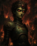 GRID THUMBNAIL — Crowned, androgynous figure in ornate verdigris armour with glowing red eyes stands before a firelit gothic city, embers swirling and spired silhouettes.