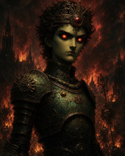 GRID THUMBNAIL — Crowned, androgynous figure in ornate verdigris armour with glowing red eyes stands before a firelit gothic city, embers swirling and spired silhouettes.