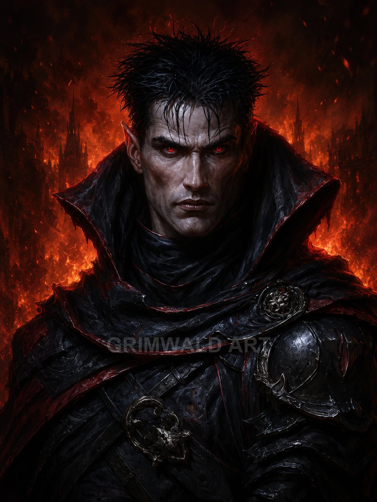 Close-up portrait of a male dark elf in black armour with glowing red eyes, framed by roaring flames and distant gothic spires.