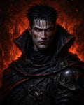 GRID THUMBNAIL — Close-up portrait of a male dark elf in black armour with glowing red eyes, framed by roaring flames and distant gothic spires.