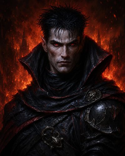 GRID THUMBNAIL — Close-up portrait of a male dark elf in black armour with glowing red eyes, framed by roaring flames and distant gothic spires.