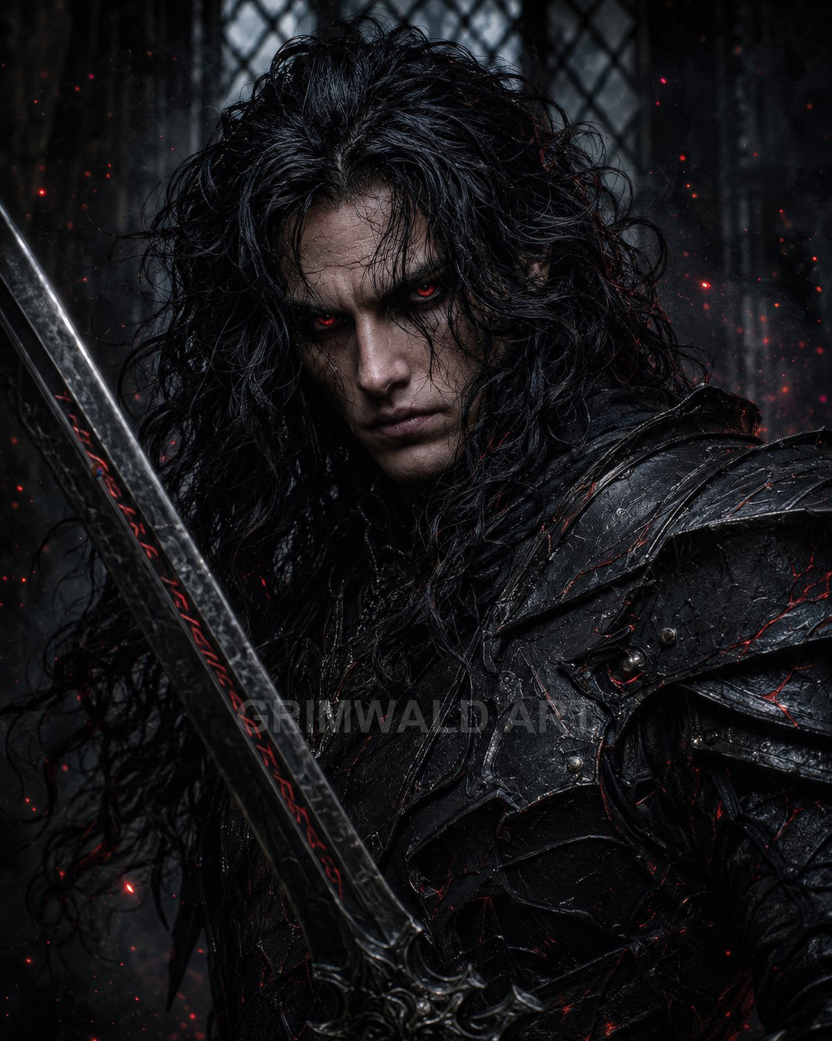 Brooding male knight with glowing red eyes holds a runed sword, clad in cracked black armour, standing before leaded castle windows amid drifting embers.