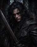 GRID THUMBNAIL — Brooding male knight with glowing red eyes holds a runed sword, clad in cracked black armour, standing before leaded castle windows amid drifting embers.