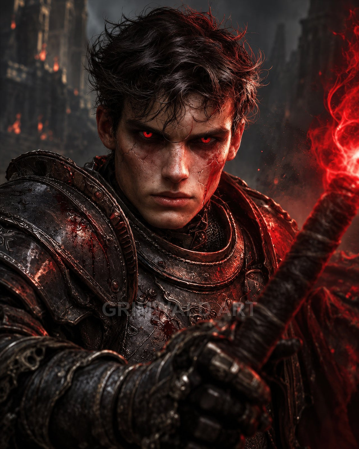 Armoured male warrior with glowing red eyes holds a flaming sword amid burning gothic ruins, bloodstained plate and smoke-lit darkness surround him.