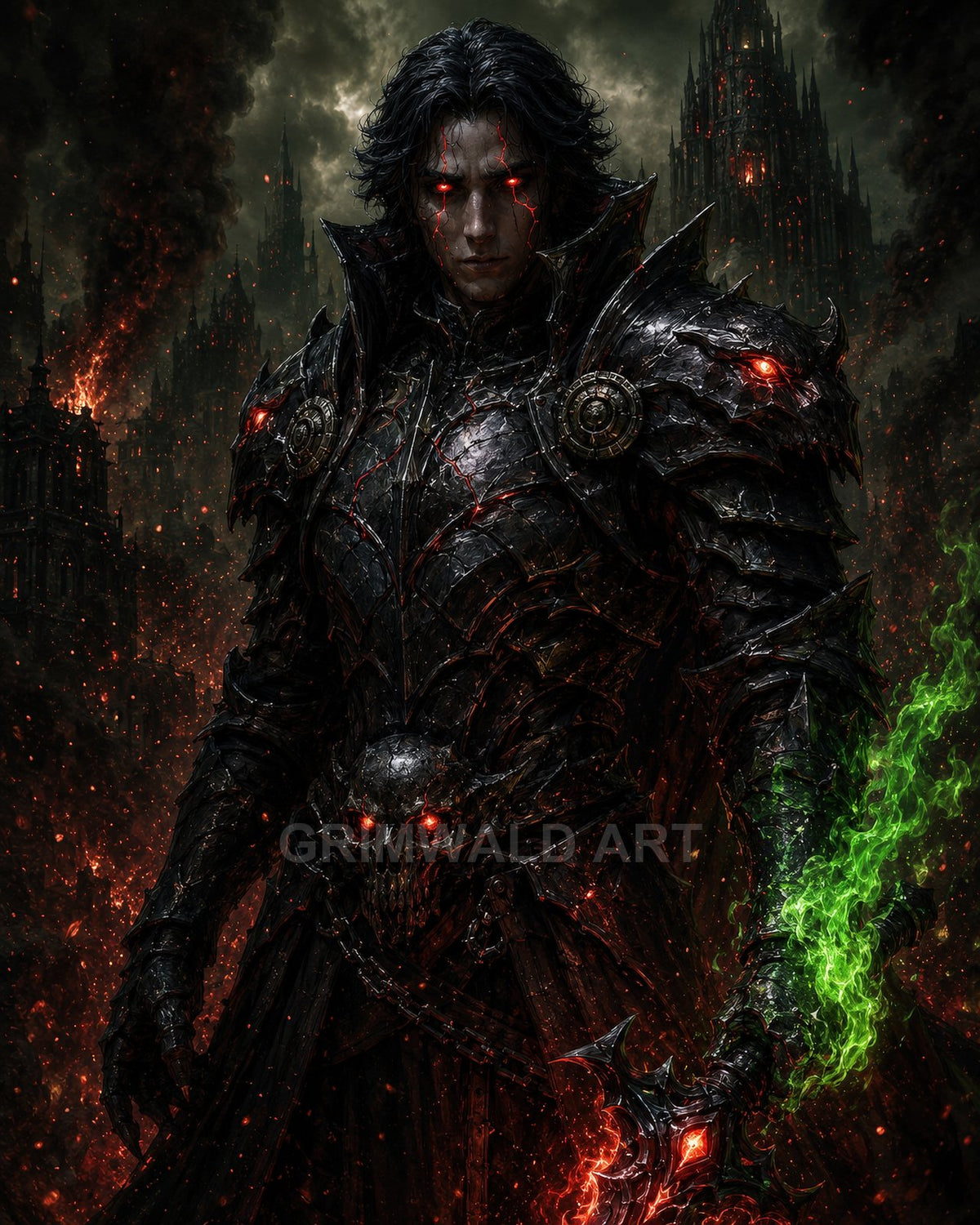 Armoured dark knight with glowing red eyes grips a green-flaming sword before a burning gothic citadel, surrounded by smoke, ash, and embers.