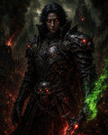 GRID THUMBNAIL — Armoured dark knight with glowing red eyes grips a green-flaming sword before a burning gothic citadel, surrounded by smoke, ash, and embers.