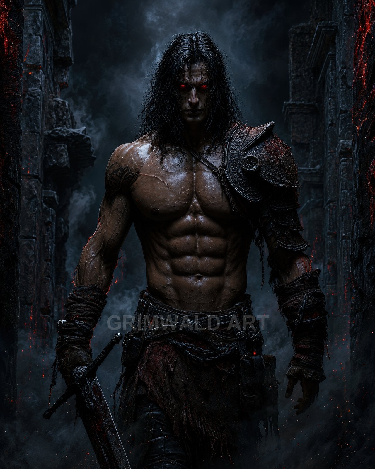 Muscular demon berserker with glowing red eyes and cracked, ember-lined skin stands in dark ruins, gripping a large sword amid drifting smoke and embers.