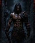 GRID THUMBNAIL — Muscular demon berserker with glowing red eyes and cracked, ember-lined skin stands in dark ruins, gripping a large sword amid drifting smoke and embers.