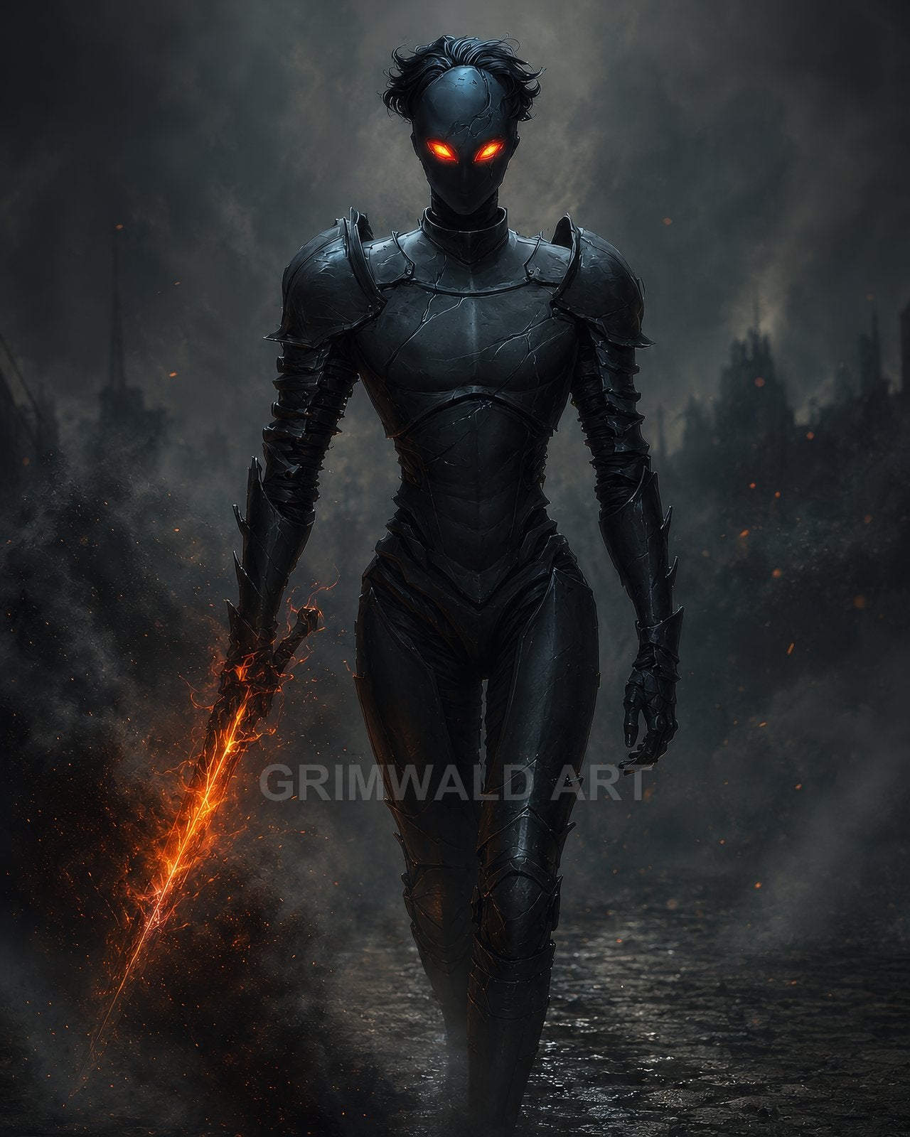 Armoured androgynous figure with glowing orange eyes walks through smoky ruins, holding a flaming sword, dark night setting with ash and cinders.