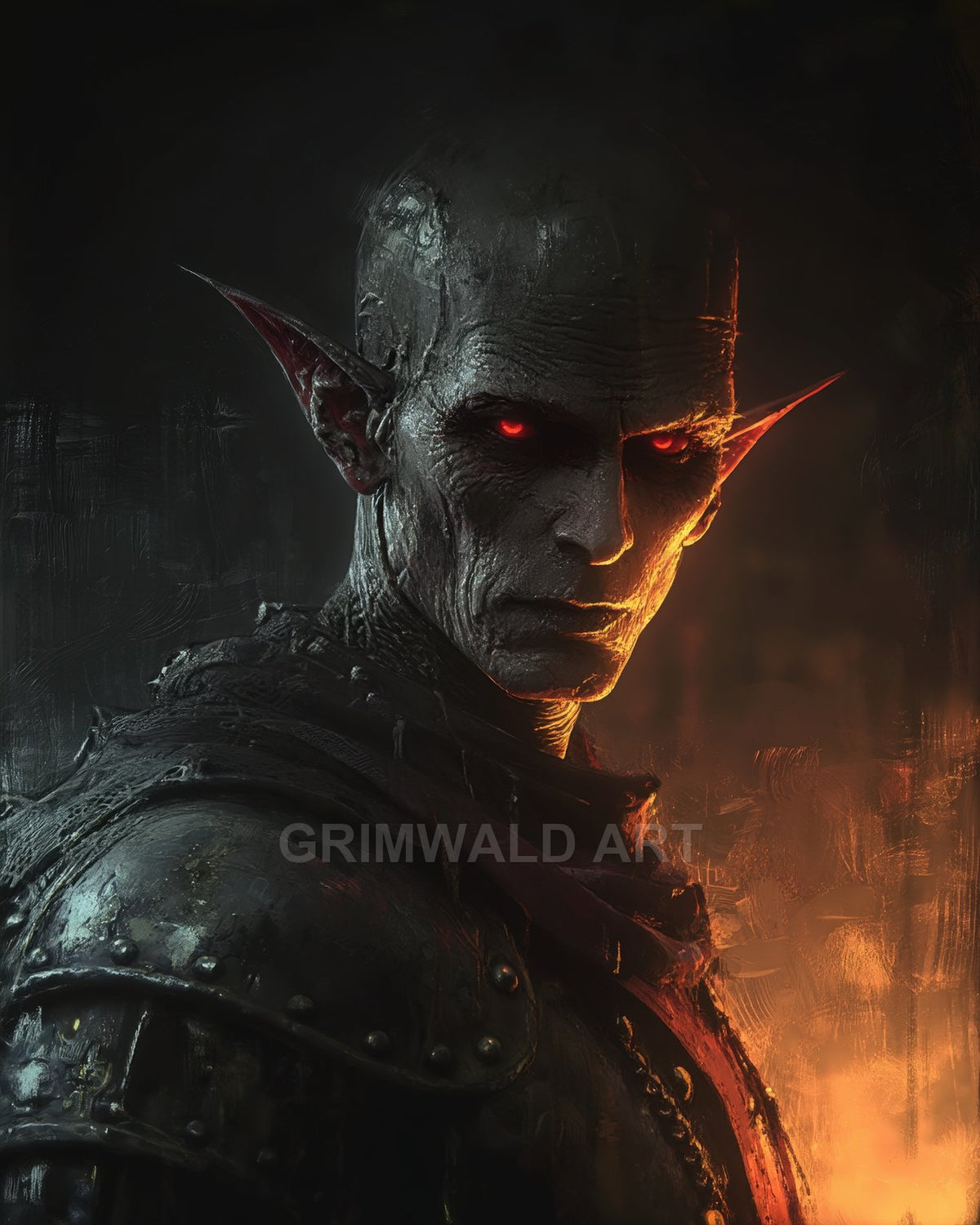 Armoured demonic figure with glowing red eyes and long pointed ears, half-lit by firelight against a dark background, grim expression, textured armour.
