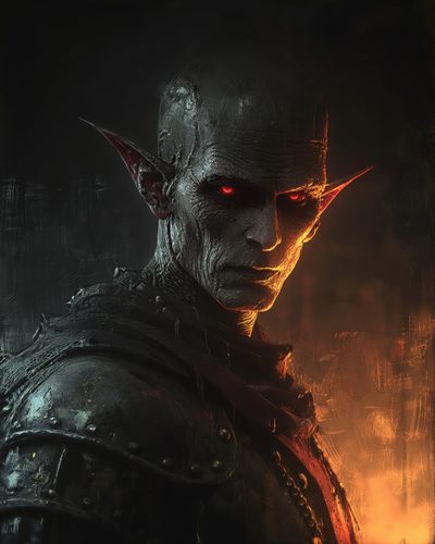 GRID THUMBNAIL — Armoured demonic figure with glowing red eyes and long pointed ears, half-lit by firelight against a dark background, grim expression, textured armour.