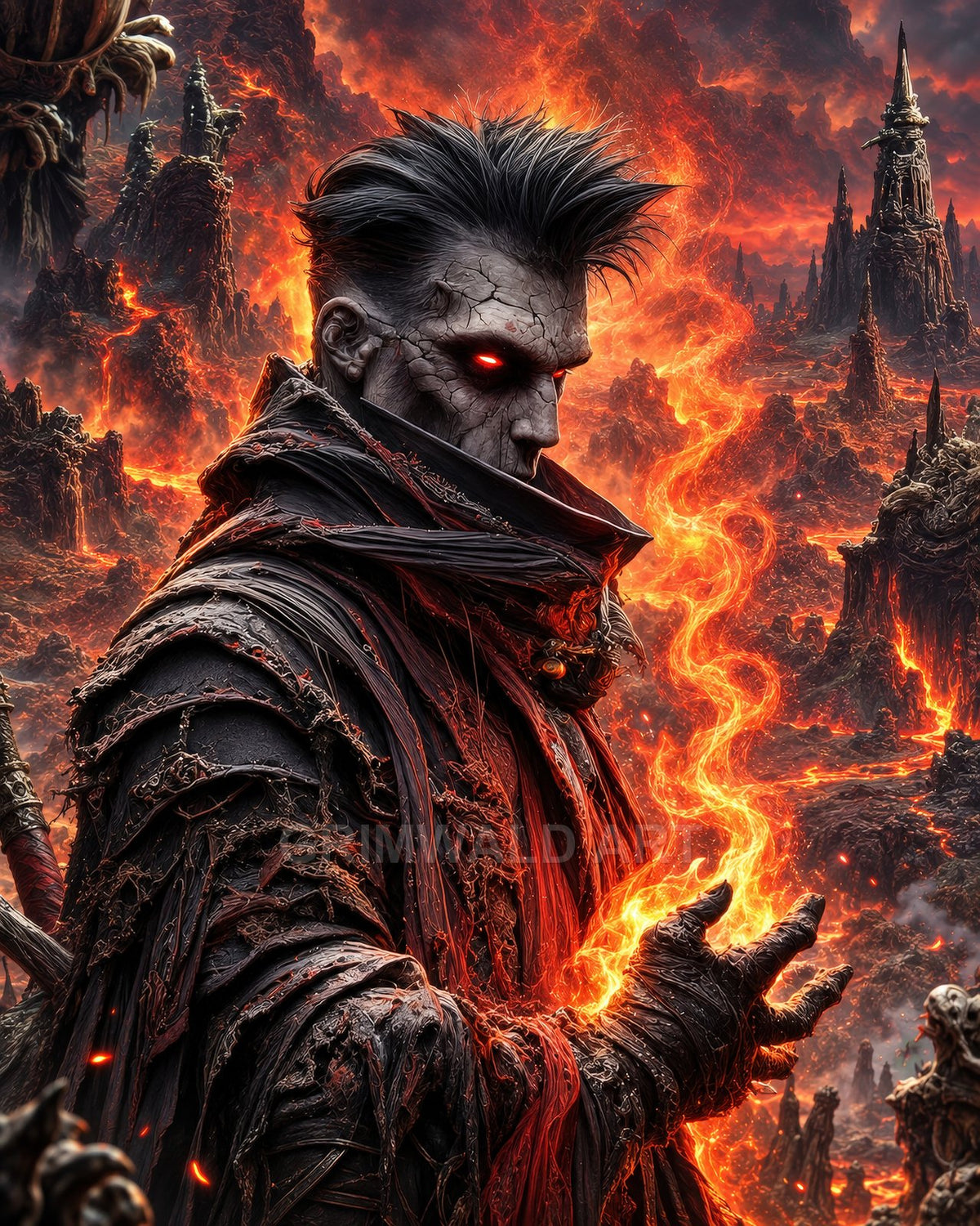 Demonic robed warlock with glowing red eyes conjures swirling fire in his hand amid a volcanic, lava-filled hellscape of jagged spires.