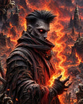 GRID THUMBNAIL — Demonic robed warlock with glowing red eyes conjures swirling fire in his hand amid a volcanic, lava-filled hellscape of jagged spires.