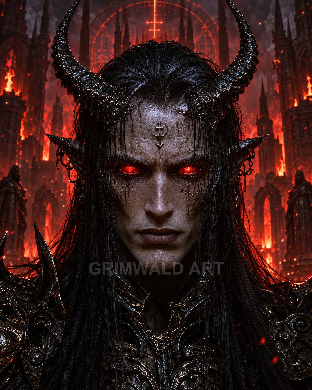 Close-up of a horned demon with glowing red eyes, dripping black markings and ornate armour before a burning gothic cathedral and occult sigil.