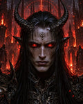 GRID THUMBNAIL — Close-up of a horned demon with glowing red eyes, dripping black markings and ornate armour before a burning gothic cathedral and occult sigil.