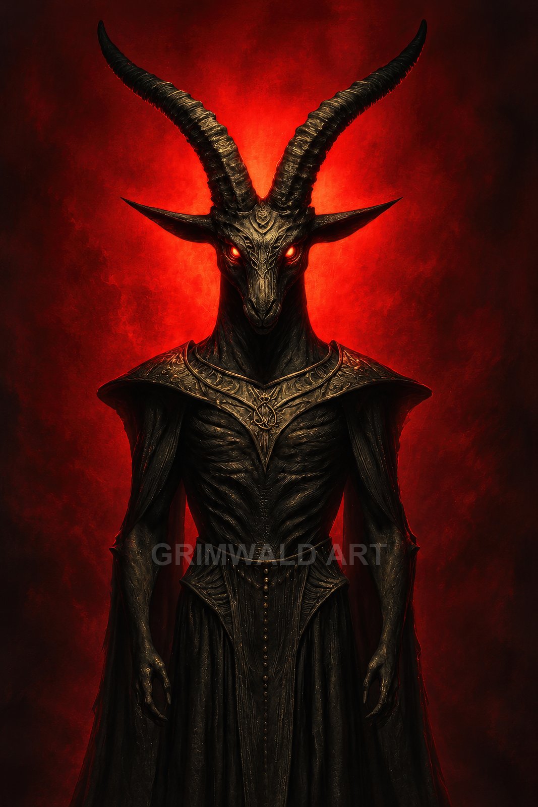 Goat-headed demon with long horns and glowing red eyes, clad in dark ornate armour, stands against a fiery red background in a front-facing portrait.