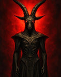 GRID THUMBNAIL — Goat-headed demon with long horns and glowing red eyes, clad in dark ornate armour, stands against a fiery red background in a front-facing portrait.