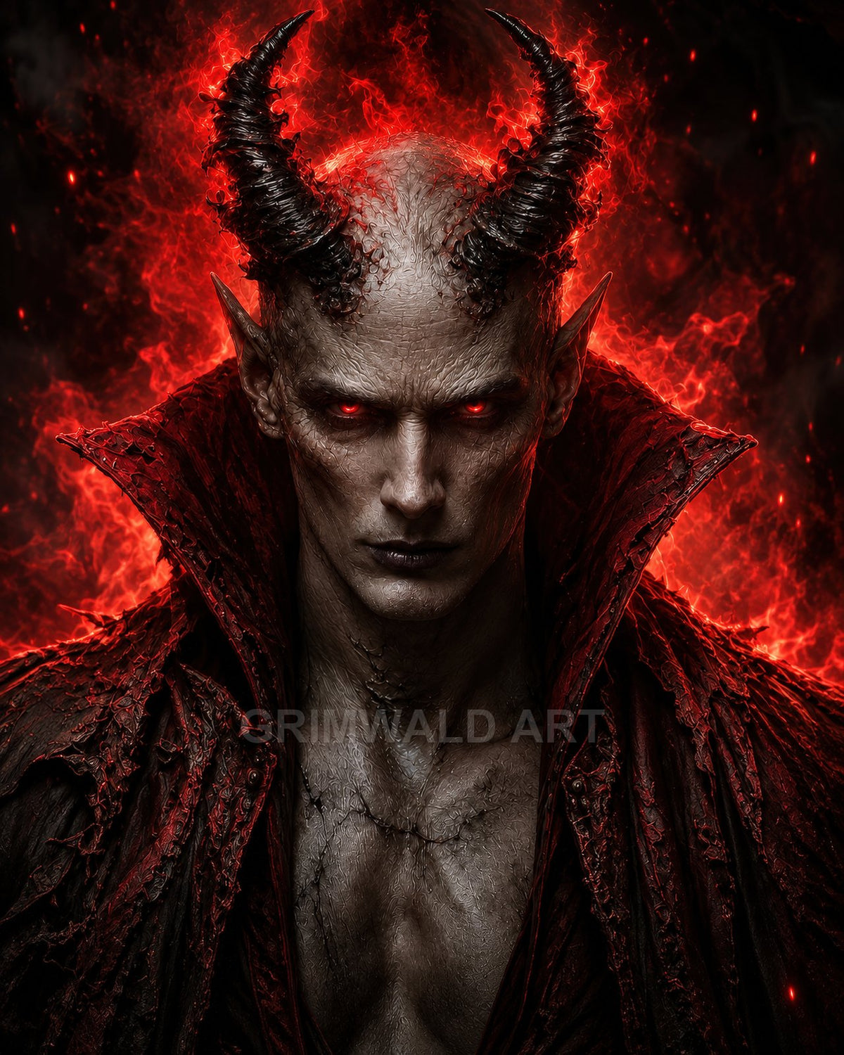 Close-up portrait of a horned demon with glowing red eyes, cracked grey skin and a high-collared tattered cloak, wreathed in blazing fire.