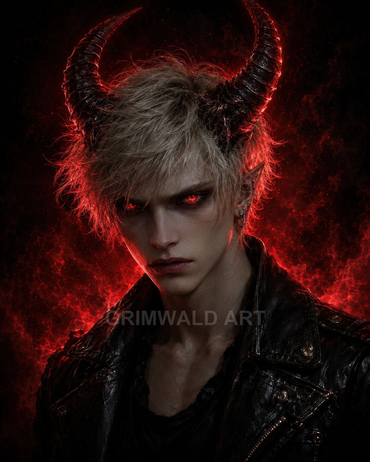 Portrait of a pale horned demon with glowing red eyes and blond hair, wearing a black leather jacket before a swirling fiery red backdrop.
