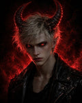 GRID THUMBNAIL — Portrait of a pale horned demon with glowing red eyes and blond hair, wearing a black leather jacket before a swirling fiery red backdrop.