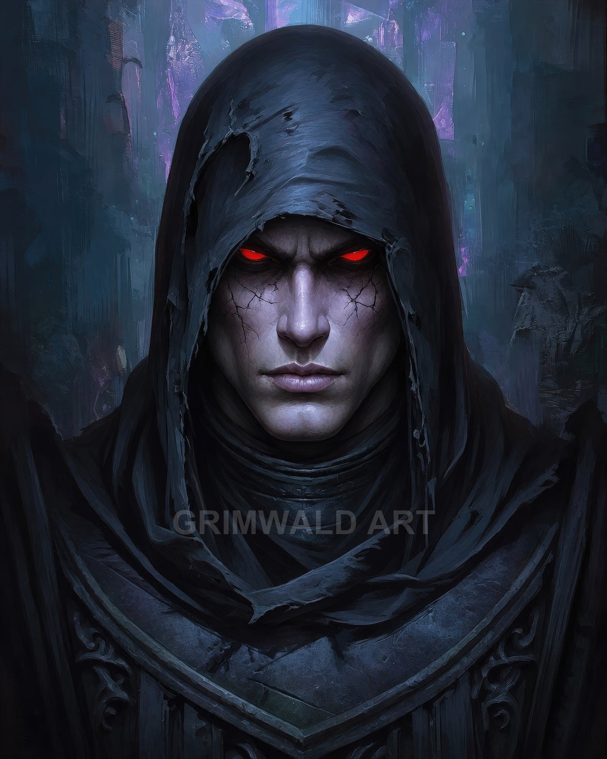 Dark fantasy portrait of a hooded male figure with glowing red eyes, cracked pale skin, and tattered black robes against shadowy blue-purple ruins.