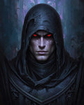 GRID THUMBNAIL — Dark fantasy portrait of a hooded male figure with glowing red eyes, cracked pale skin, and tattered black robes against shadowy blue-purple ruins.
