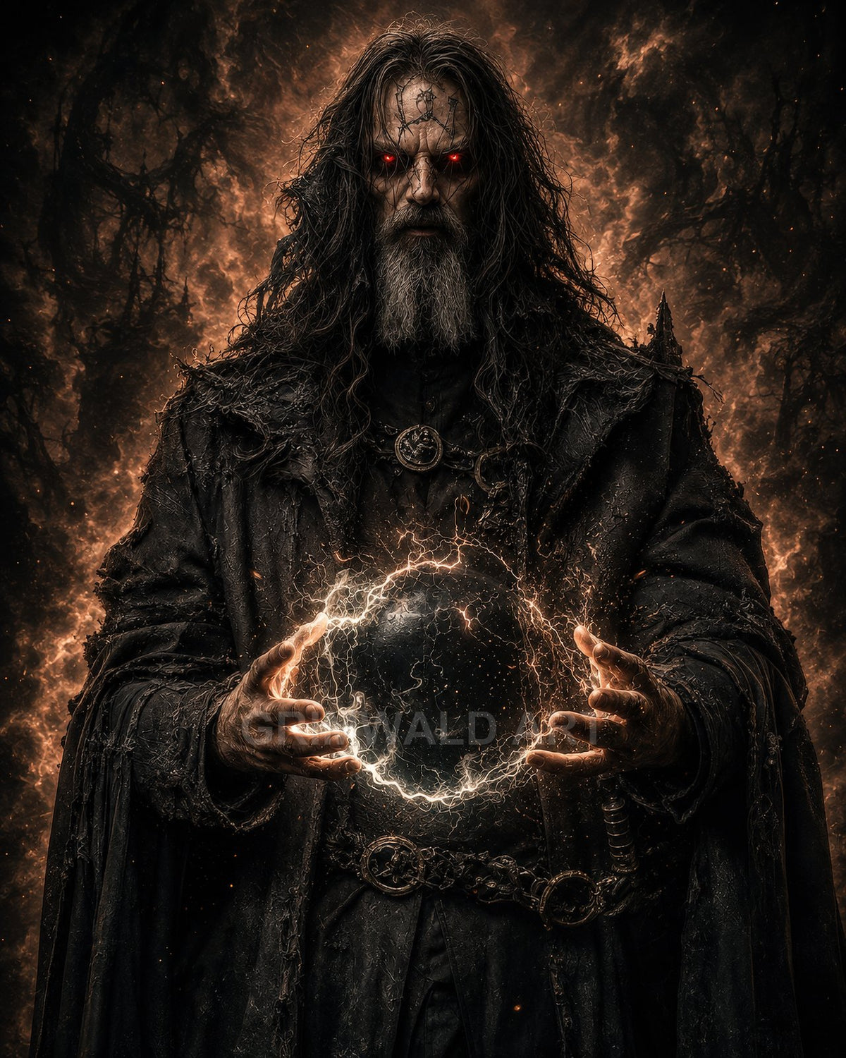 A grim, long-haired necromancer with a grey beard and glowing red eyes cups a crackling black orb, framed by fiery smoke and darkness.