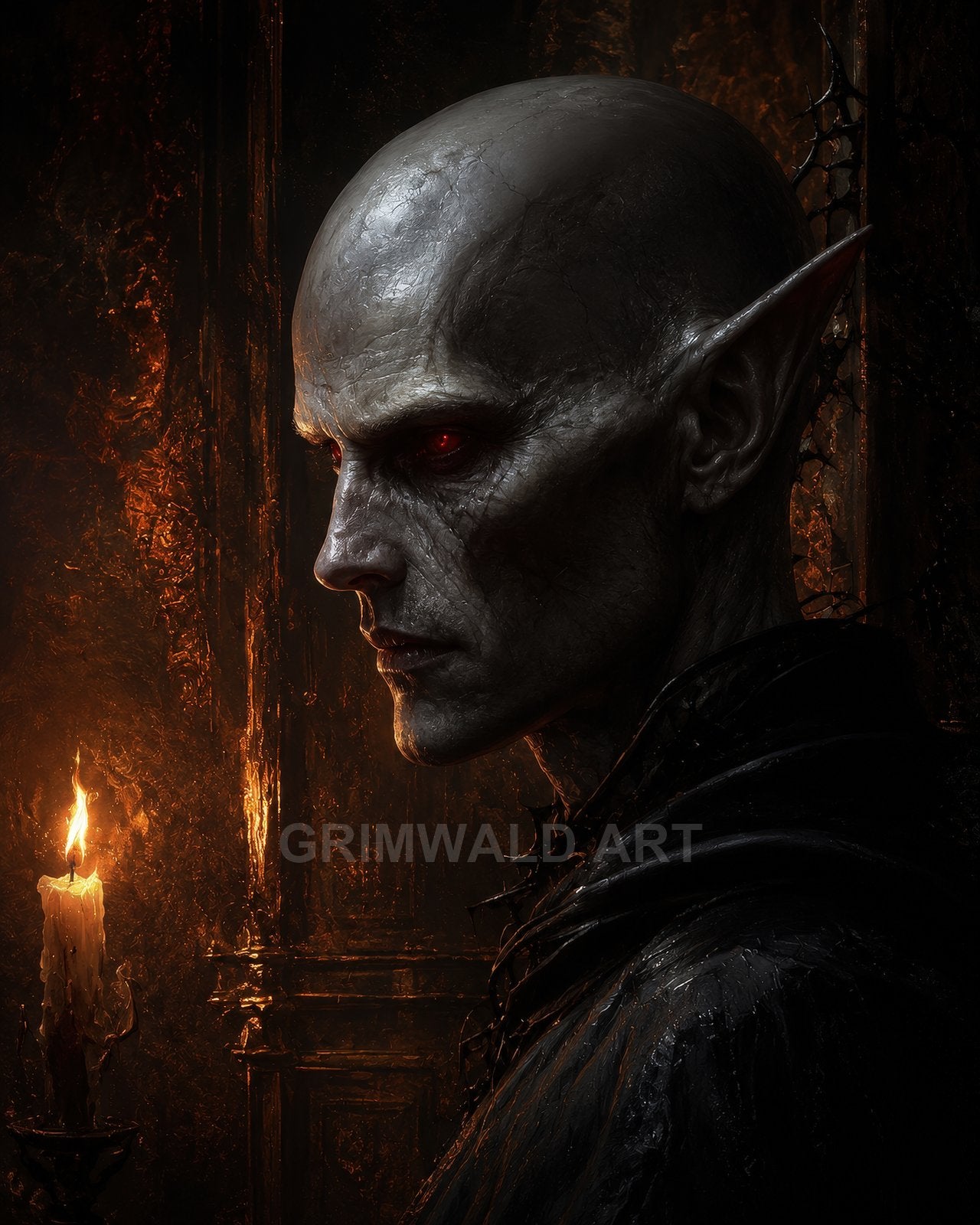 Side profile of bald vampire with red glowing eyes and pointed ears, lit by a candle in a dark gothic interior with cobwebs.