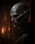 GRID THUMBNAIL — Side profile of bald vampire with red glowing eyes and pointed ears, lit by a candle in a dark gothic interior with cobwebs.