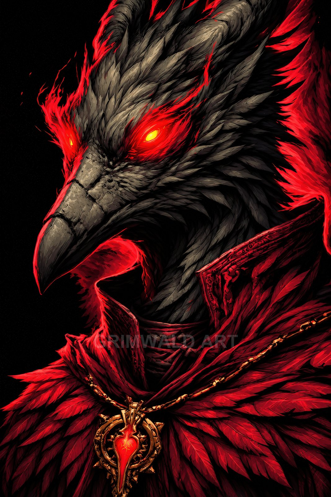 Portrait of a bird-headed demonic warlock with glowing red eyes, black feathers, crimson feathered cloak and ornate golden pendant on a dark background.