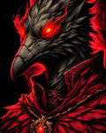 GRID THUMBNAIL — Portrait of a bird-headed demonic warlock with glowing red eyes, black feathers, crimson feathered cloak and ornate golden pendant on a dark background.