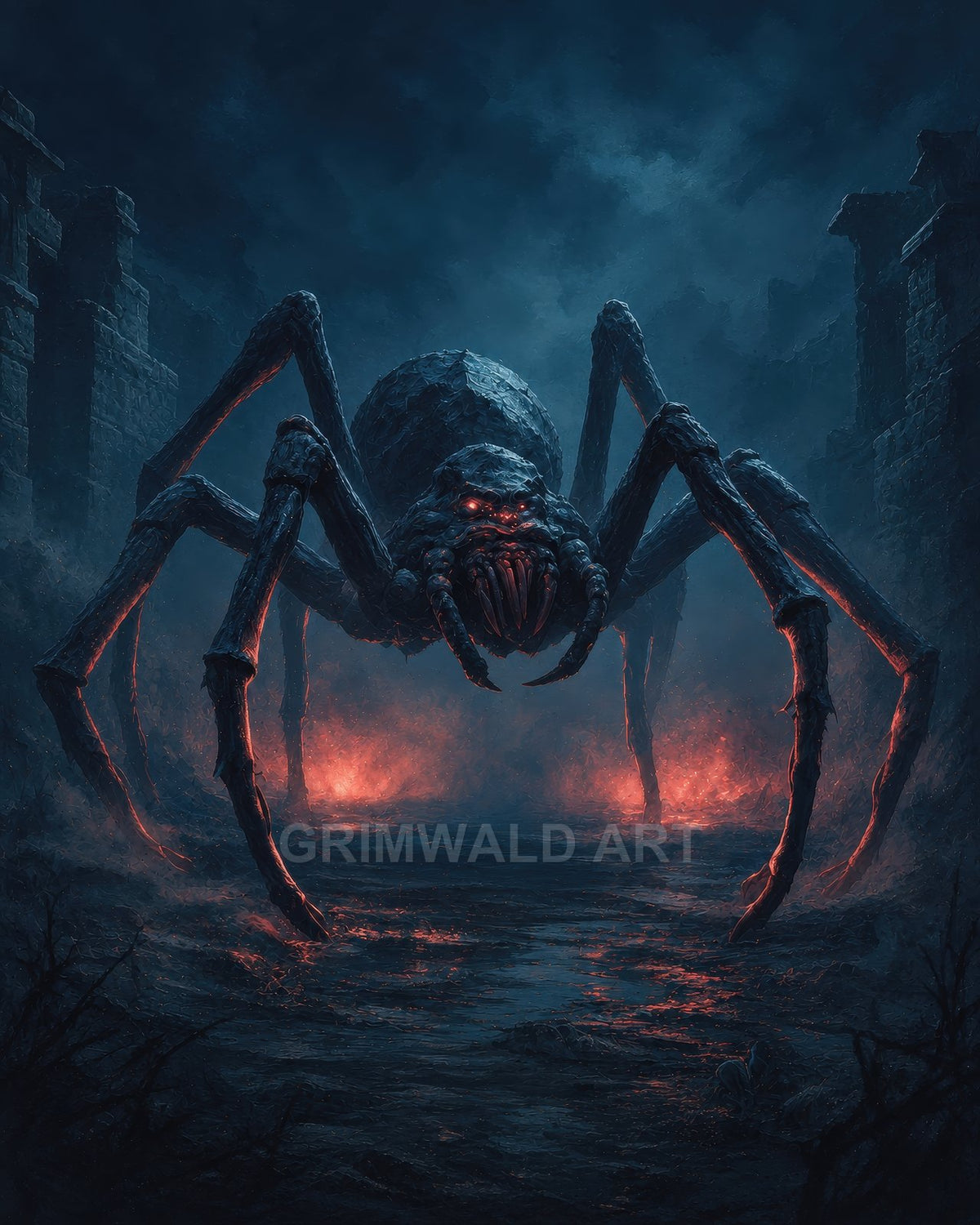 A colossal spider with glowing red eyes stalks through dark stone ruins, its legs framing a firelit path beneath a brooding night sky.