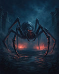 GRID THUMBNAIL — A colossal spider with glowing red eyes stalks through dark stone ruins, its legs framing a firelit path beneath a brooding night sky.