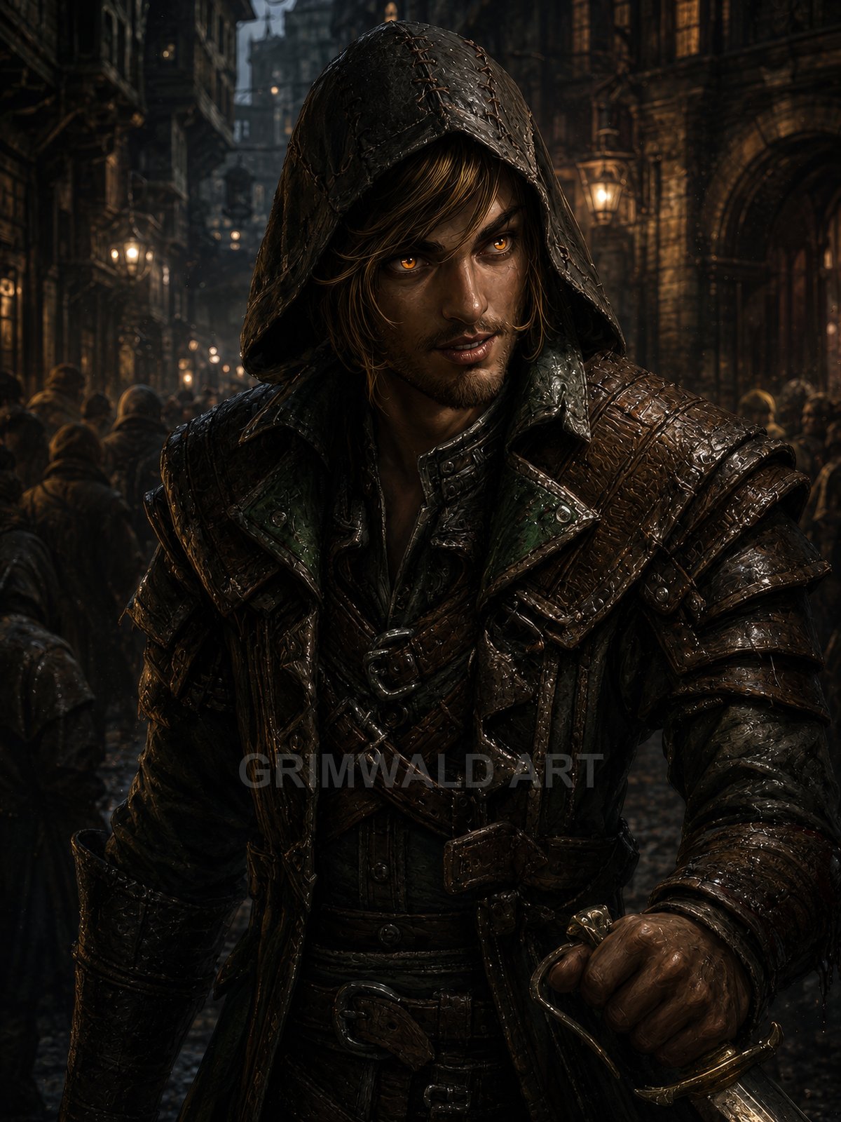 Hooded male rogue with glowing amber eyes grips a dagger in a rain-dark leather coat on a lantern-lit medieval city street at night.