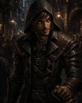 GRID THUMBNAIL — Hooded male rogue with glowing amber eyes grips a dagger in a rain-dark leather coat on a lantern-lit medieval city street at night.