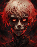 GRID THUMBNAIL — Close-up portrait of a skull-faced undead figure with tousled white hair and glowing red eyes, wreathed in dark smoke and embers.
