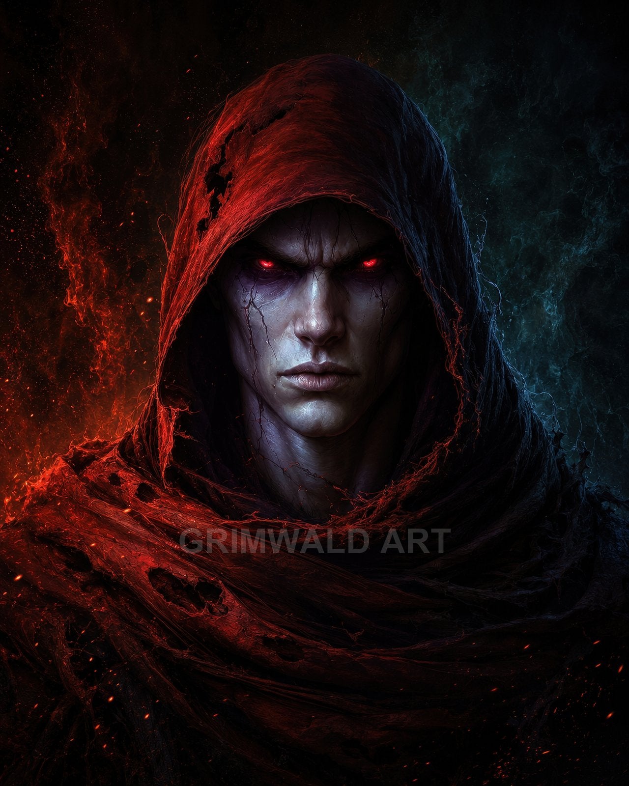 A hooded male warlock with glowing red eyes and a tattered red cloak, firelit embers rising against dark teal shadows in a moody portrait.