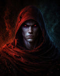 GRID THUMBNAIL — A hooded male warlock with glowing red eyes and a tattered red cloak, firelit embers rising against dark teal shadows in a moody portrait.