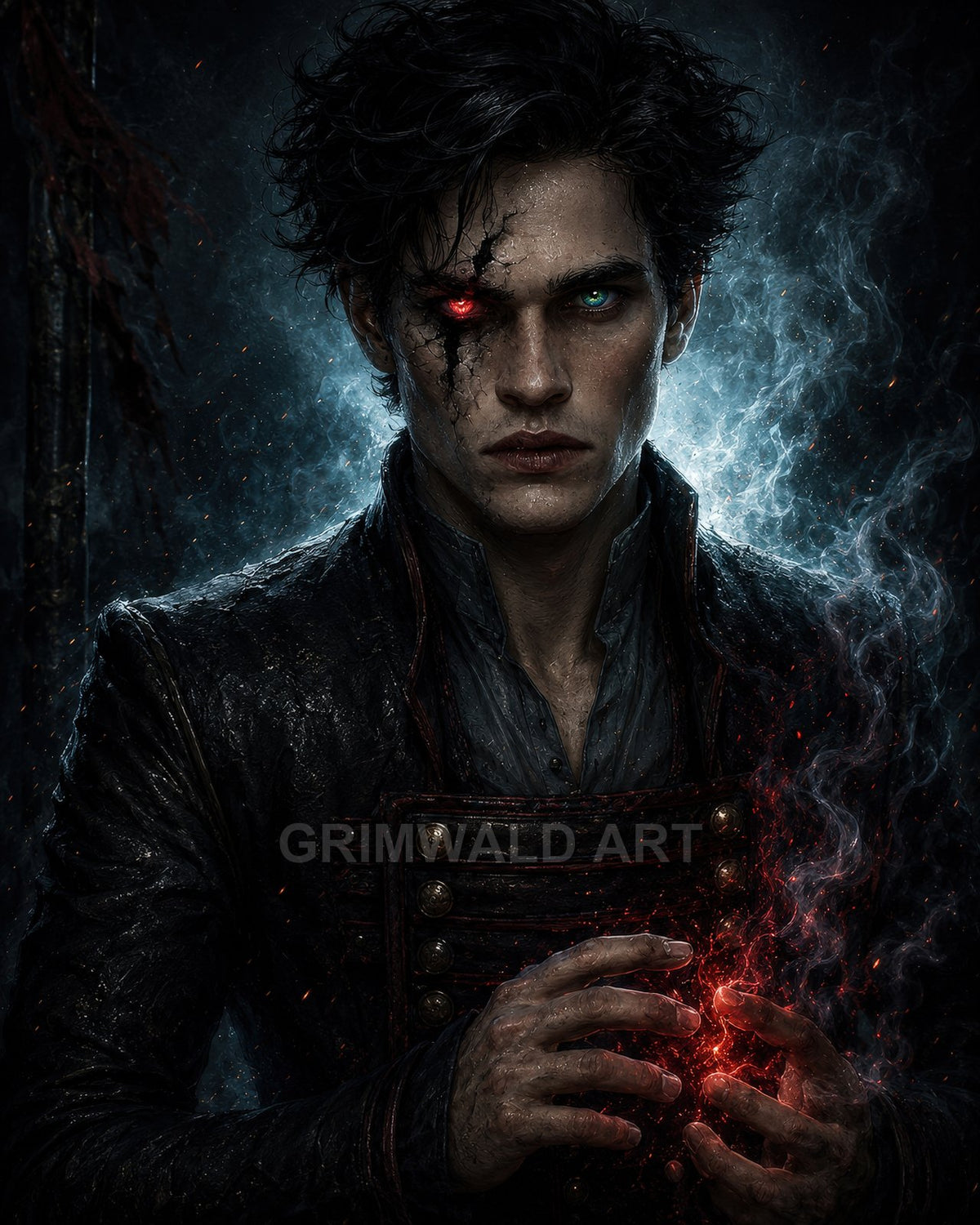Portrait of a male warlock with cracked face, one glowing red eye, conjuring ember-like magic in smoky darkness with cool blue rim light.