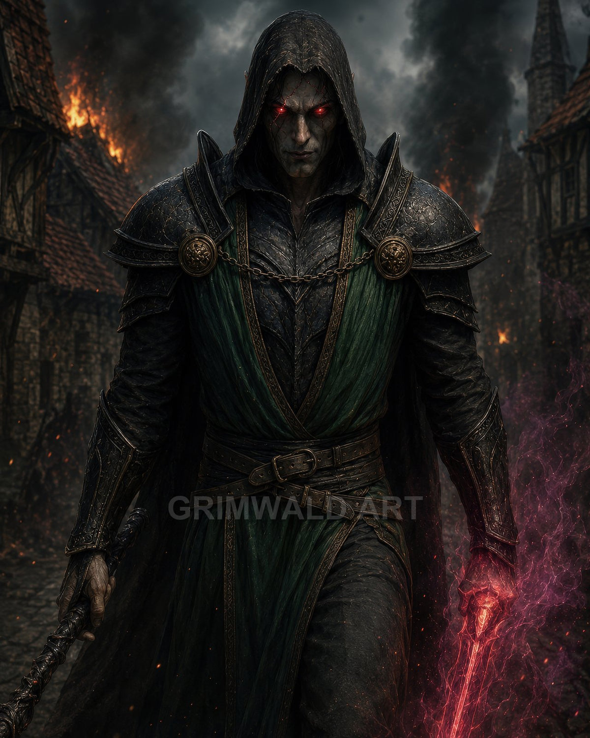 Hooded armoured warlock with glowing red eyes walks a burning medieval village street, gripping a staff and a crackling red energy blade.