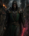 GRID THUMBNAIL — Hooded armoured warlock with glowing red eyes walks a burning medieval village street, gripping a staff and a crackling red energy blade.