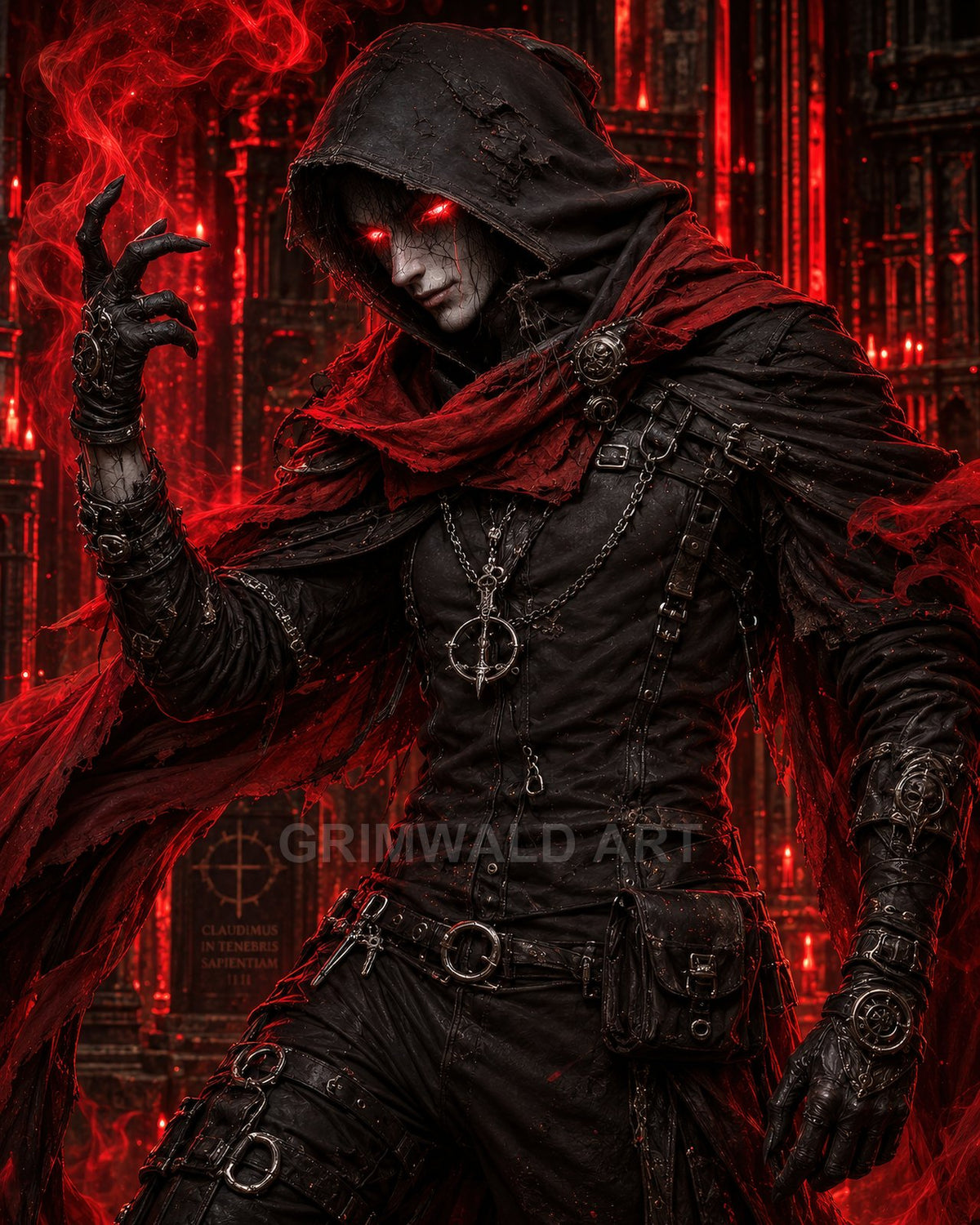 Hooded warlock with glowing red eyes and tattered scarlet cloak conjures smoke in a firelit gothic cathedral, clad in black leather and chains.