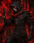 GRID THUMBNAIL — Hooded warlock with glowing red eyes and tattered scarlet cloak conjures smoke in a firelit gothic cathedral, clad in black leather and chains.